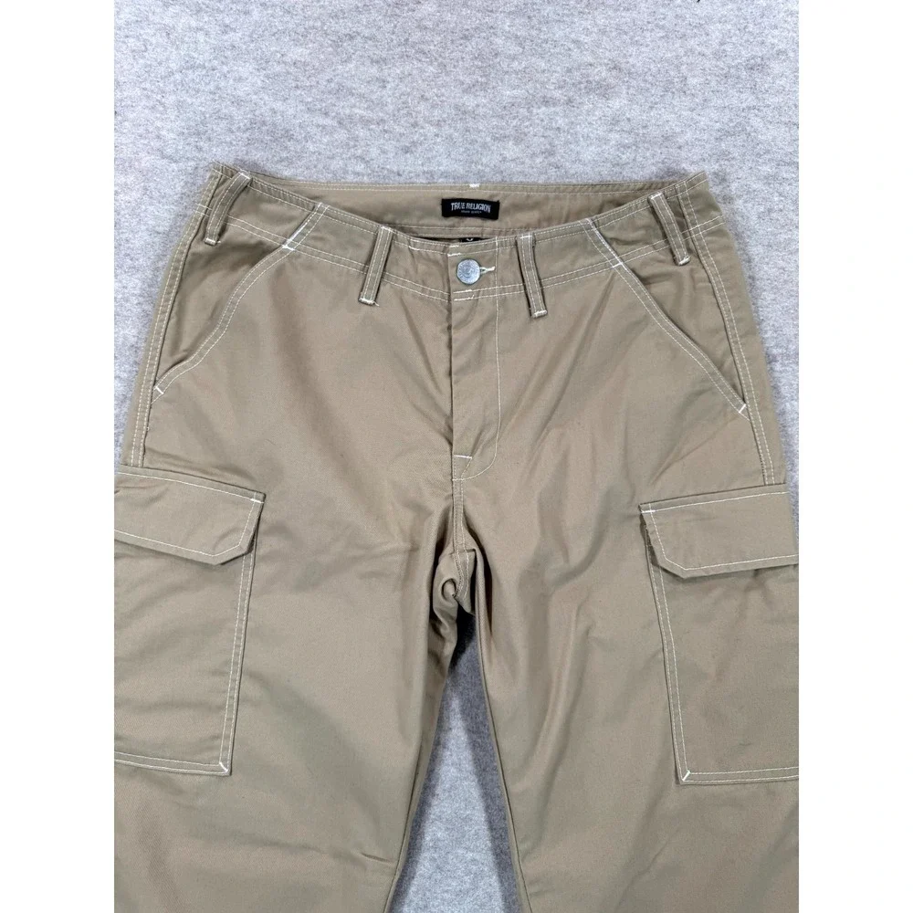 True Religion Cargo Pants Mens 32 Beige Cotton Straight Leg Hiking Flap Pockets